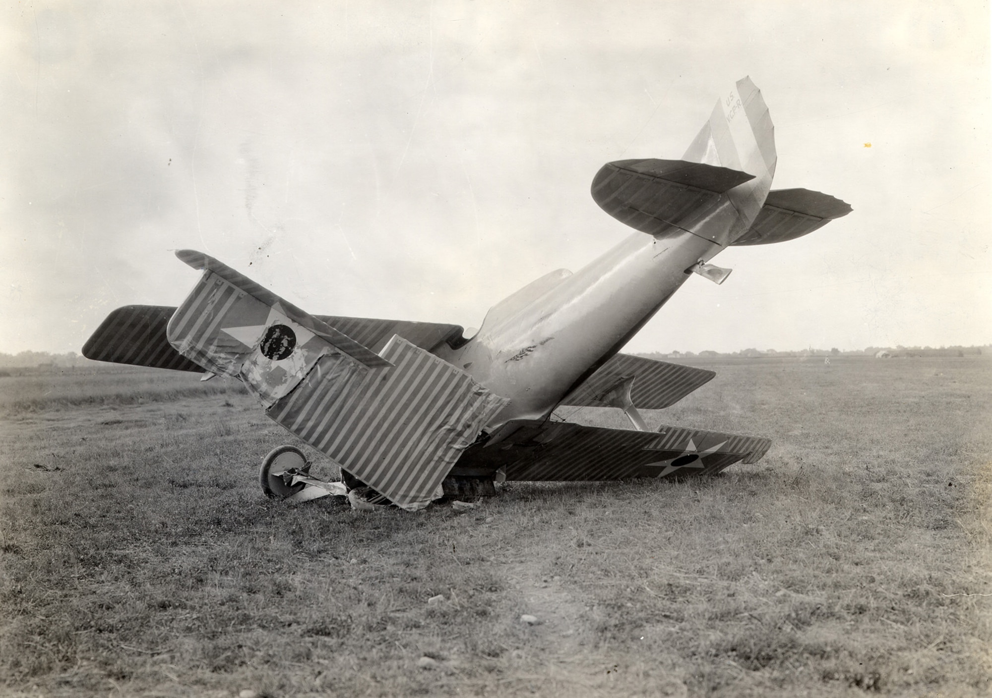 The VCP-R was damaged on Aug. 2, 1920, after colliding on landing with an automobile that had been timing its speed tests at Wright Field (now Patterson Field area of Wright-Patterson Air Force Base). Schroeder broke his goggles in this accident but was not seriously injured. (U.S. Air Force photo)