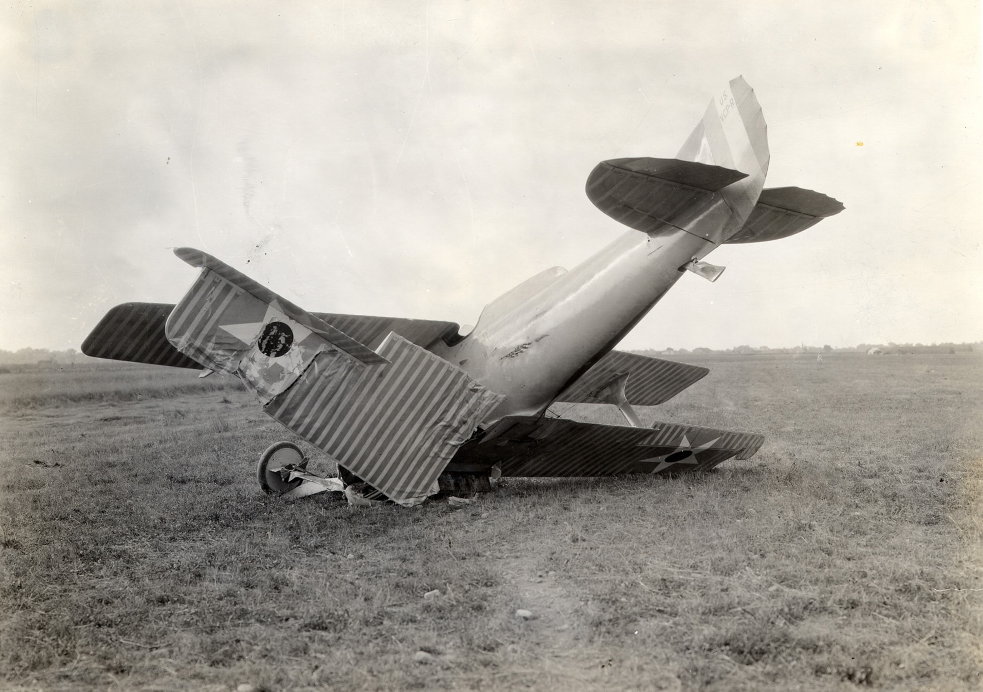 The VCP-R was damaged on Aug. 2, 1920, after colliding on landing with an automobile that had been timing its speed tests at Wright Field (now Patterson Field area of Wright-Patterson Air Force Base). Schroeder broke his goggles in this accident but was not seriously injured. (U.S. Air Force photo)