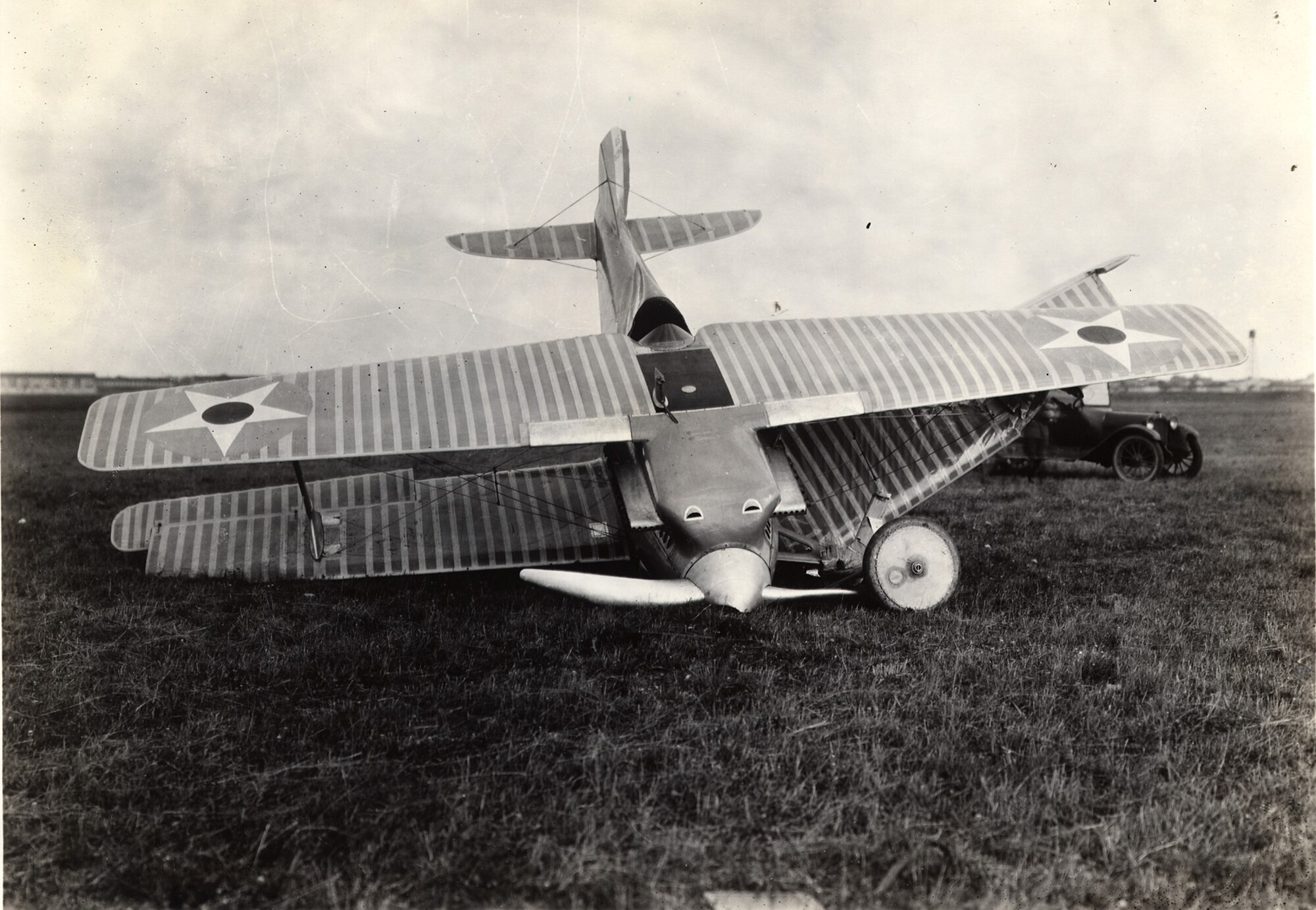 The VCP-R was damaged on Aug. 2, 1920, after colliding on landing with an automobile that had been timing its speed tests at Wright Field (now Patterson Field area of Wright-Patterson Air Force Base). Schroeder broke his goggles in this accident but was not seriously injured. (U.S. Air Force photo)