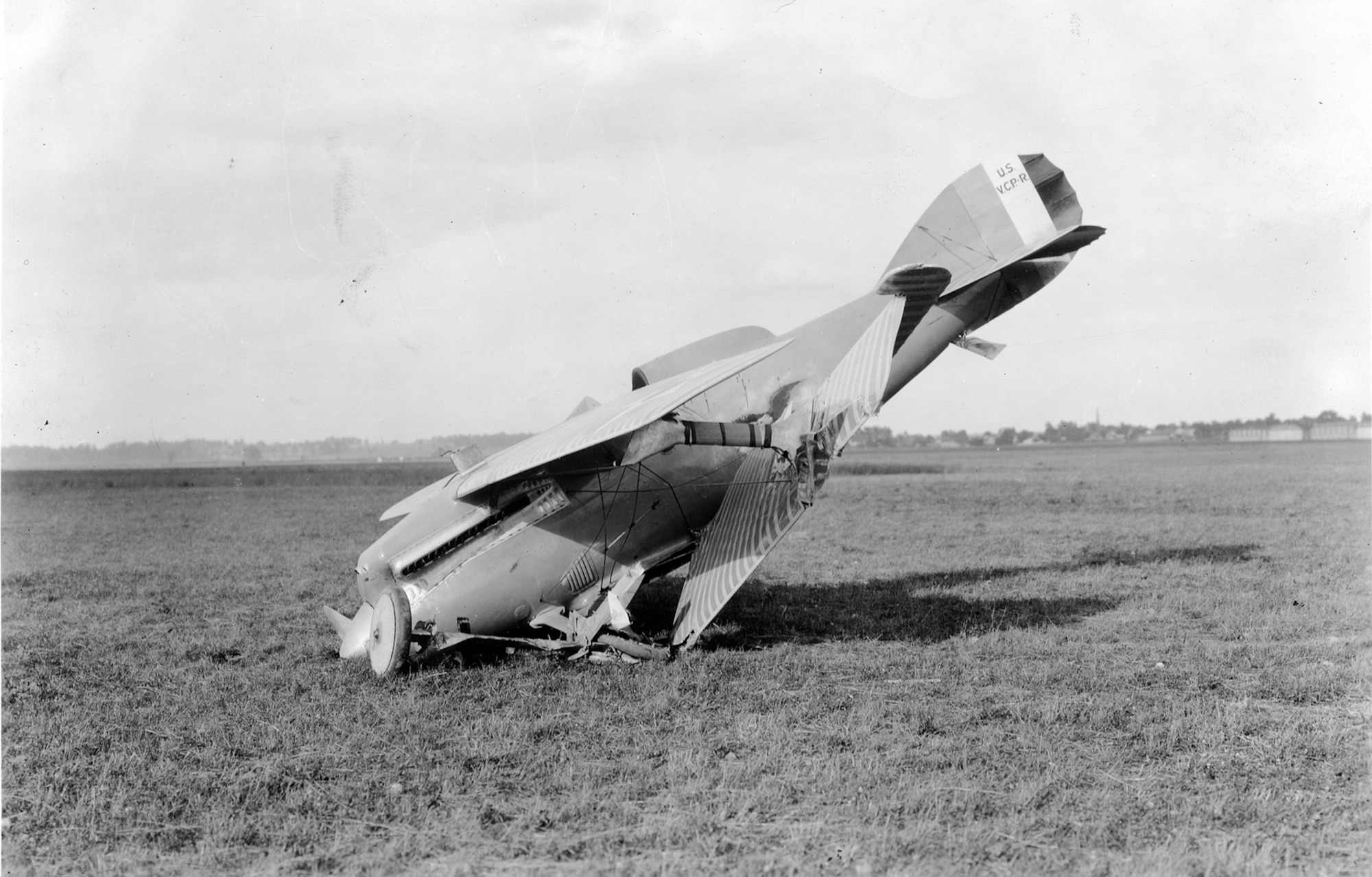 The VCP-R was damaged on Aug. 2, 1920, after colliding on landing with an automobile that had been timing its speed tests at Wright Field (now Patterson Field area of Wright-Patterson Air Force Base). Schroeder broke his goggles in this accident but was not seriously injured. (U.S. Air Force photo)