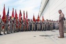 Col. Christopher C. Seymour, former commander of Marine Aircraft Group 26, thanks the Marines of his command for their hard work and dedication after his last flight, July 31. Seymour began his service as MAG-26 commander in May 2011 and is stepping down Friday, Aug. 2.
