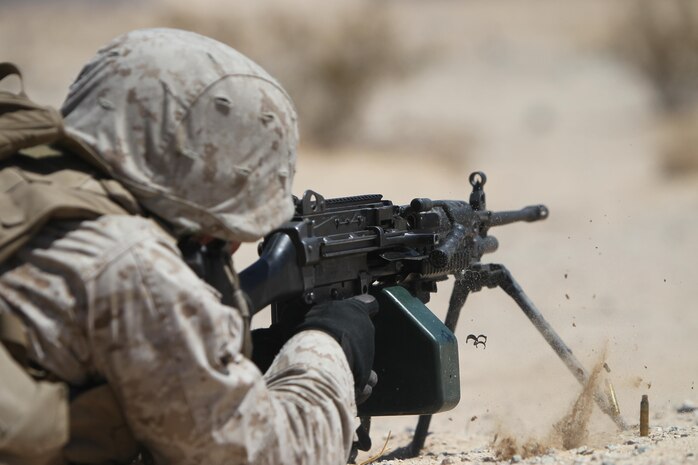 Engineer Marines from Marine Wing Support Squadron 272 conduct a squad assult range to refresh on thier rifleman skills  at Camp Wilson aboard Marine Corps Air-Ground Combat Center Twentynine Palms, Calif., Aug. 8.