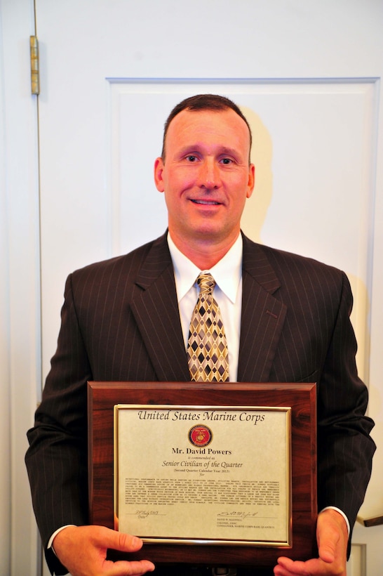 David Powers, pipefitter leader, Utilities Branch, Installations and Environment Division, received the Senior Civilian of the Quarter Award for the second quarter of the 2013 year at the Clubs at Quantico on Aug. 13, 2013. According to his citation, Powers received the award after he, “routinely performed his demanding duties in an exemplary and highly professional manner.”