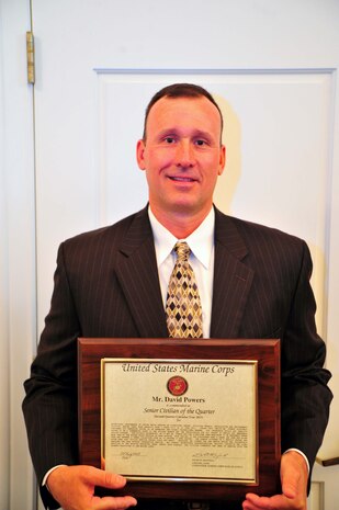 David Powers, pipefitter leader, Utilities Branch, Installations and Environment Division, received the Senior Civilian of the Quarter Award for the second quarter of the 2013 year at the Clubs at Quantico on Aug. 13, 2013. According to his citation, Powers received the award after he, “routinely performed his demanding duties in an exemplary and highly professional manner.”