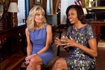 First Lady Michelle Obama and Dr. Jill Biden, wife of Vice President Joe Biden, discuss the accomplishments of the Joining Forces campaign as its one-year anniversary approaches during an interview with American Forces Press Service in Washington, D.C., April 6, 2012. The first lady and Dr. Biden launched the campaign to rally national support from all sectors of society to honor and support service members, veterans and their families.