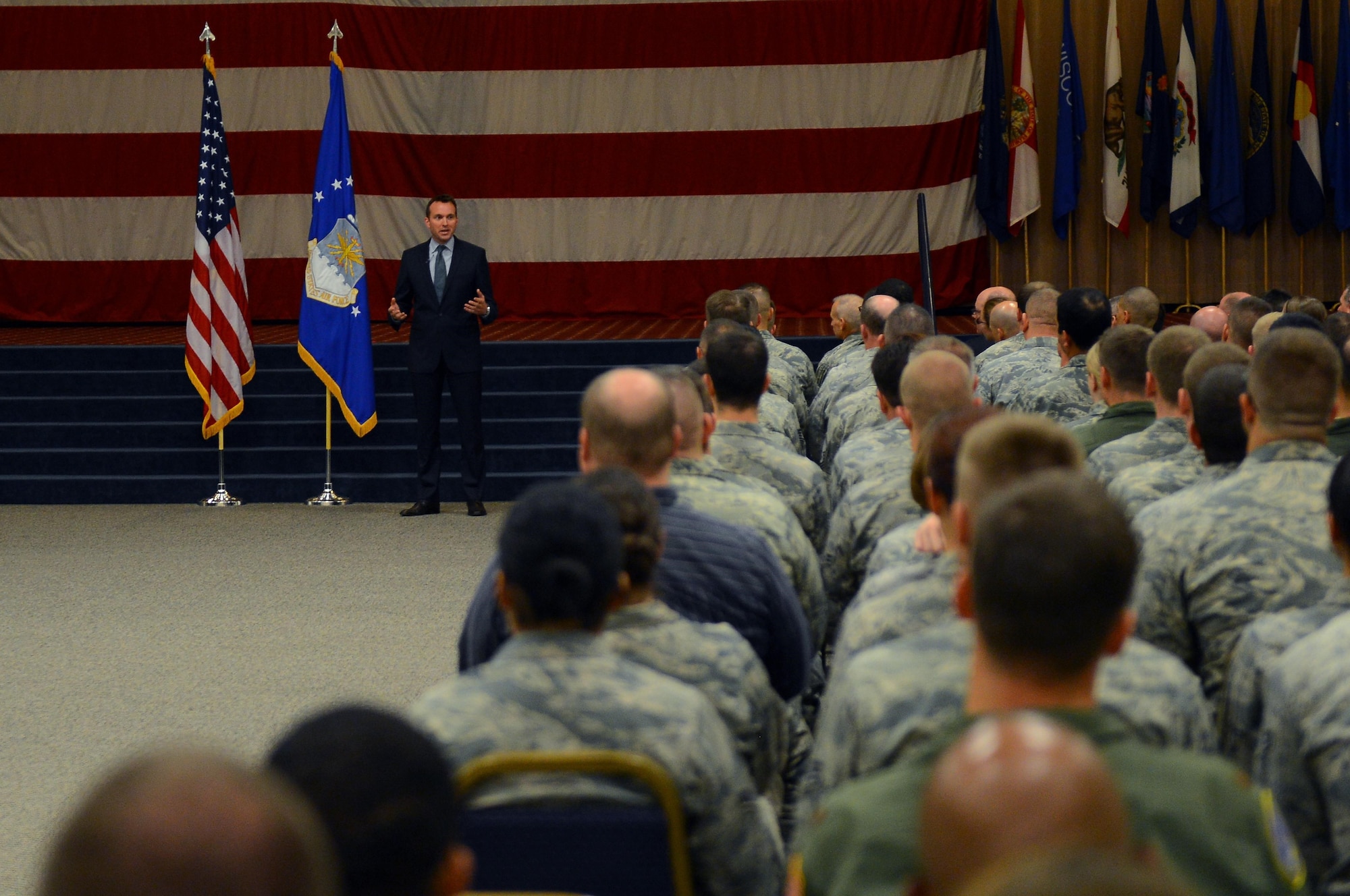 Acting Secretary of the Air Force Eric Fanning addresses Team Barksdale during an all-call Aug. 14, 2013, on Barksdale Air Force Base, La. During the meeting, Fanning spoke to Airmen about current issues affecting the military.