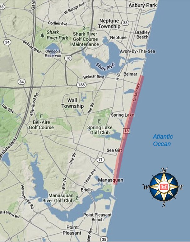 Belmar to Manasquan post-Sandy emergency beach replenishment project area for placement of roughly 1.5M cubic yards of sand. 