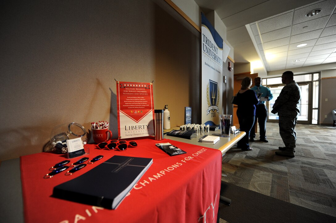 In an effort to promote the importance of education and encourage Airmen to register for classes during the fall semester, the base Education Office hosted an education fair in the Rushmore Center at Ellsworth Air Force Base, S.D., Aug. 14, 2013. For more information about how to sign up for college courses during this fall school semester, call the base Education Office at (605) 385-2312. (U.S. Air Force photo by Airman 1st Class Hrair H. Palyan/Released)