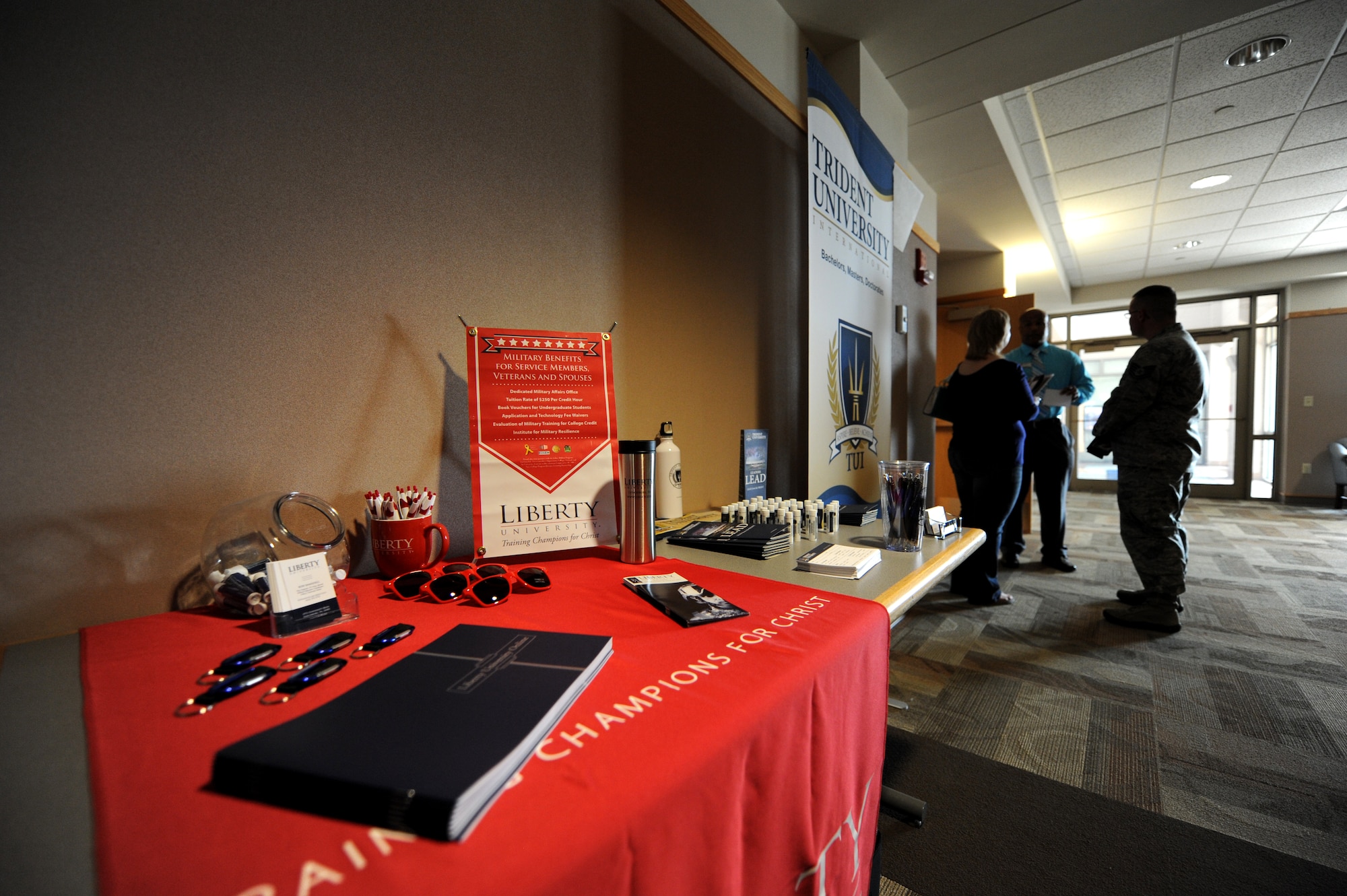 In an effort to promote the importance of education and encourage Airmen to register for classes during the fall semester, the base Education Office hosted an education fair in the Rushmore Center at Ellsworth Air Force Base, S.D., Aug. 14, 2013. For more information about how to sign up for college courses during this fall school semester, call the base Education Office at (605) 385-2312. (U.S. Air Force photo by Airman 1st Class Hrair H. Palyan/Released)
