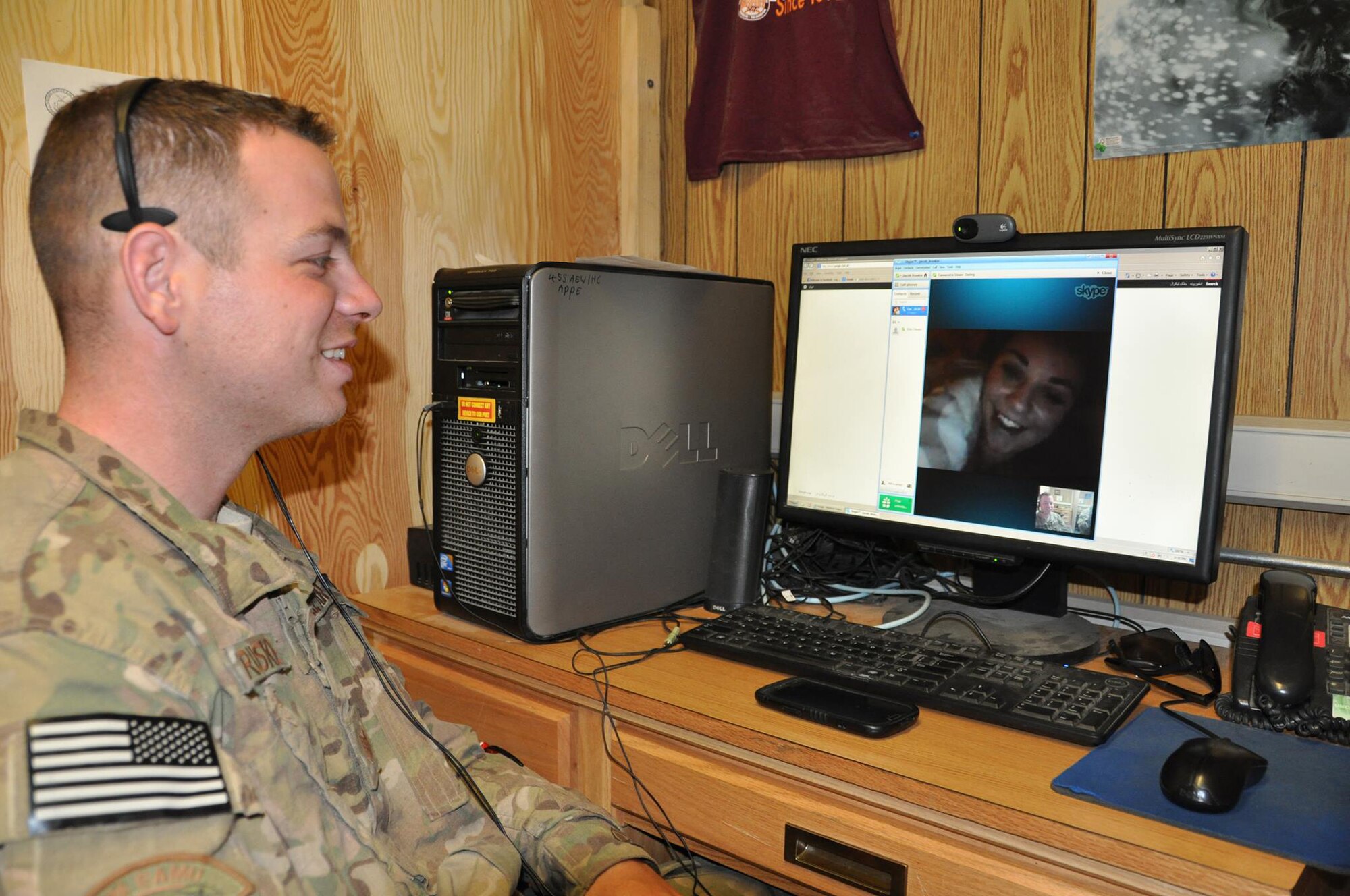 Tech. Sgt. Jacob Kruskie, 74th Expeditionary Aircraft Maintenance Unit A-10 expeditor, is from Moody Air Force Base, Ga. The Kenosha, Wis., native chats with his girlfriend Cassandra Dawn Dailey via Skype on Bagram Airfield, Afghanistan, Aug. 15, 2013. (U.S. Air Force photo/Tech. Sgt. Rob Hazelett)