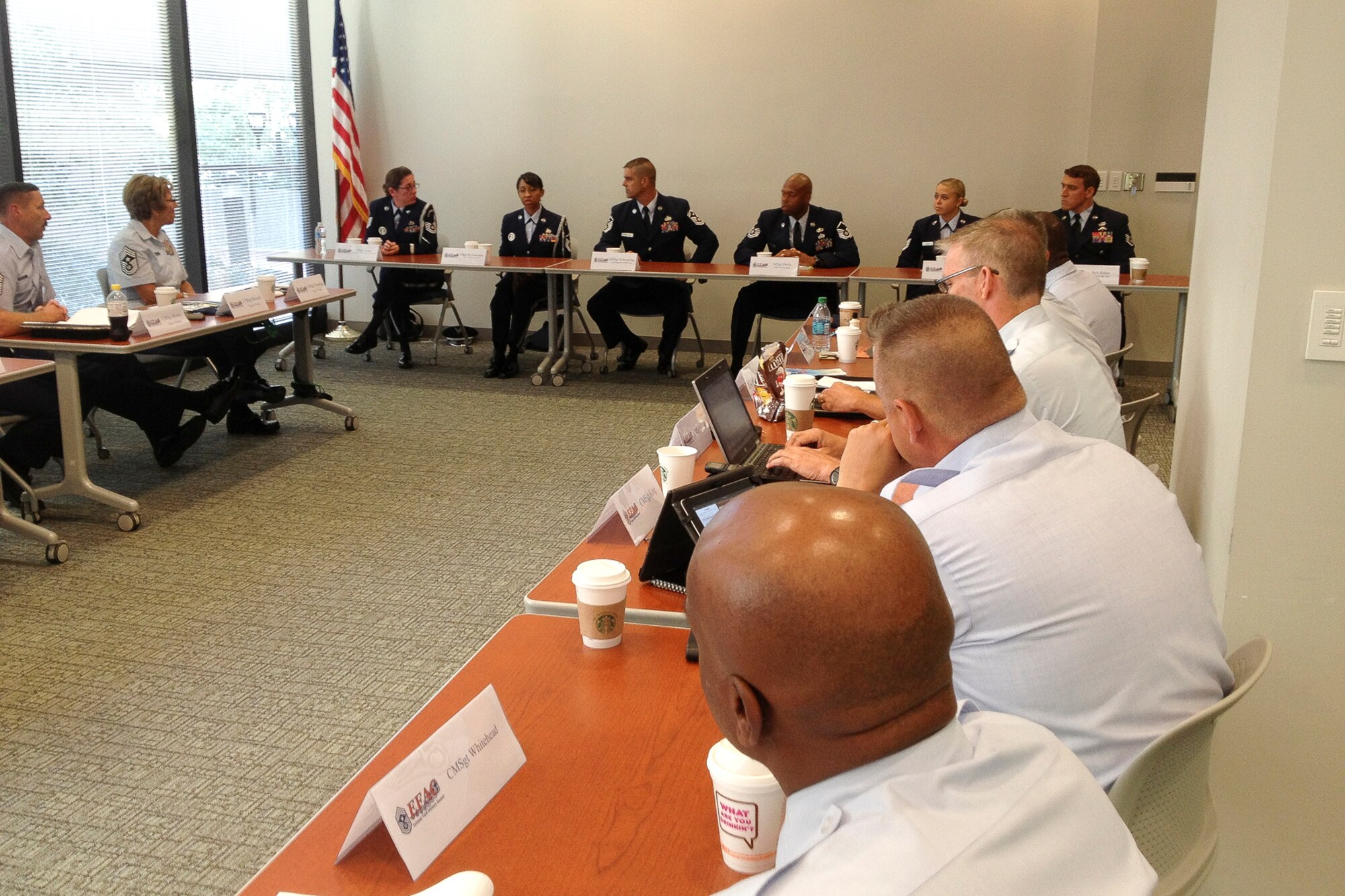 Master Sgt. Olympia D. Williamson, 136th Airlift Wing, Texas ANG, responds to a question from Air National Guard senior enlisted leaders during an Enlisted Field Advisory Council meeting at the Crystal City Conference Center, Arlington, Va., August 14, 2013. The EFAC gathers senior enlisted leaders to recognize, and discuss the ideas and concerns of the enlisted force. (U.S. Air National Guard photo by Master Sgt. Matthew D. Hilborn/RELEASED)