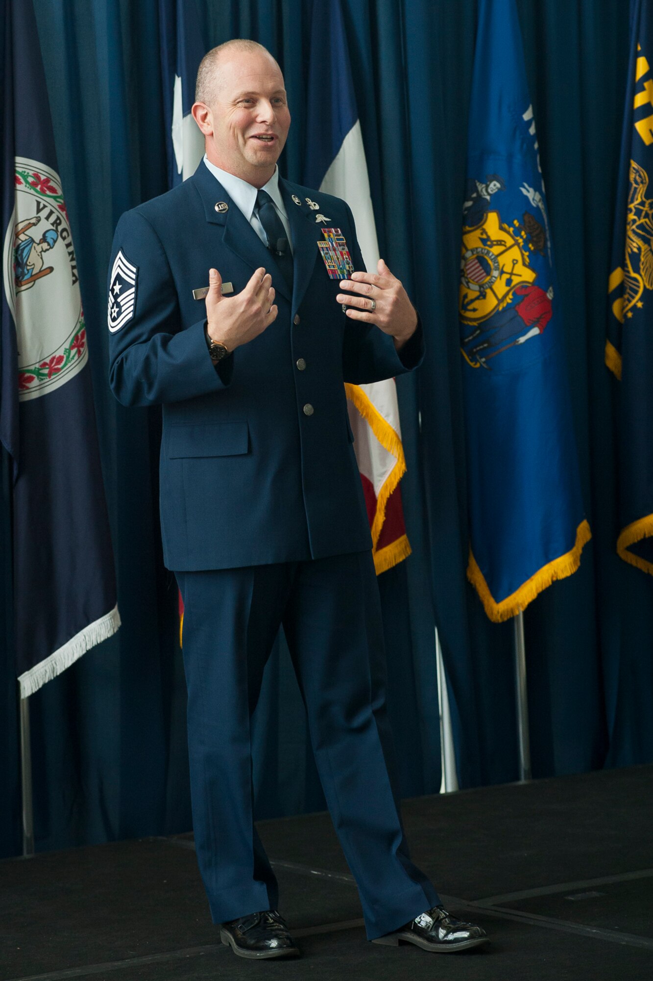 Chief Master Sergeant James W. Hotaling, Air National Guard Command Chief, addresses attendees during a Focus on the Force All Call event at the ANG Readiness Center, Joint Base Andrews Md., August 14, 2013. Focus on the Force gathers senior enlisted leaders to openly discuss concerns, get feedback from the junior enlisted and tell the exceptional stories of ANG Airmen throughout the 50 states, territories and District of Columbia. (U.S. Air National Guard photo by Master Sgt. Marvin R. Preston/RELEASED)
