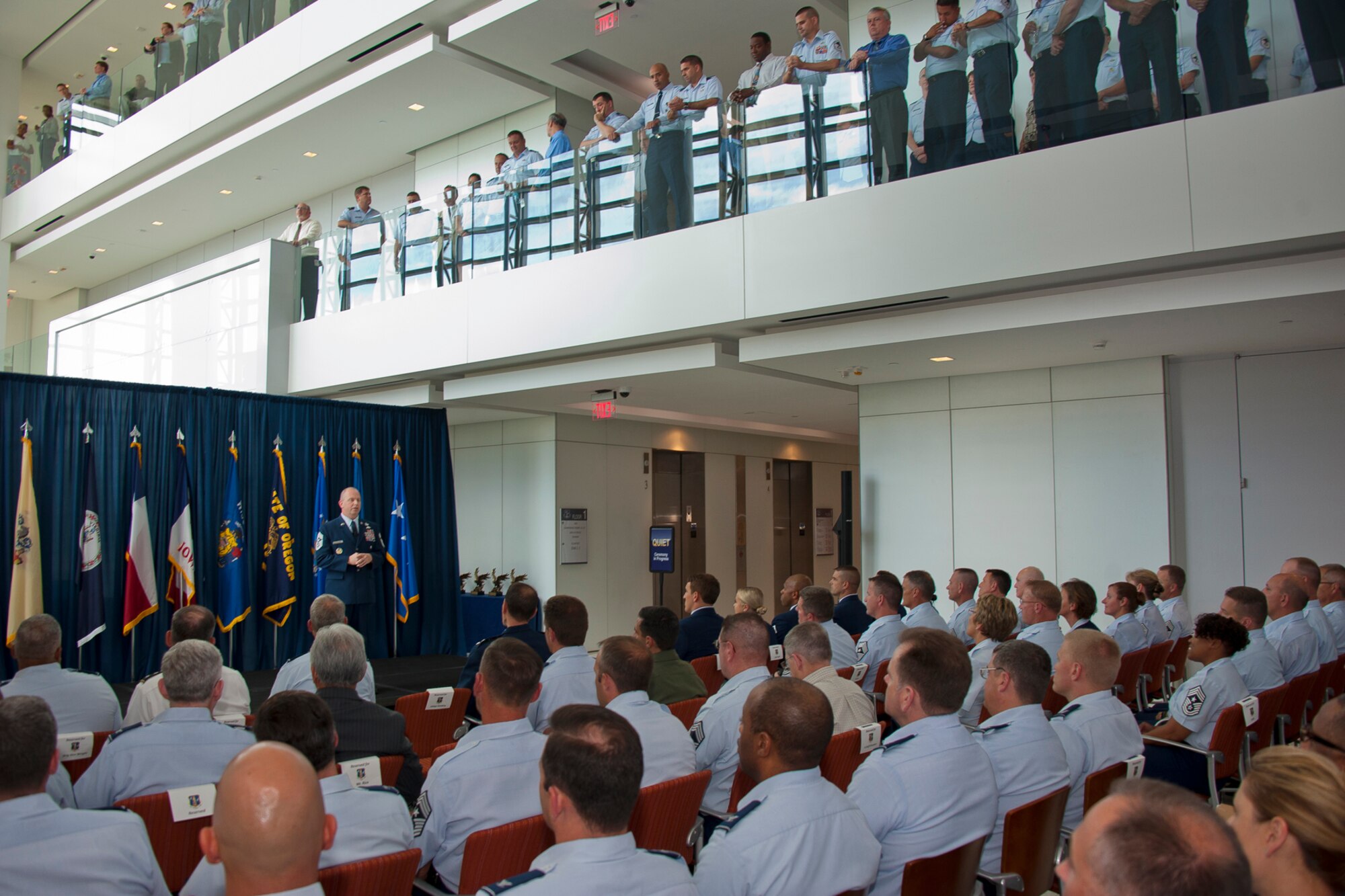 Chief Master Sergeant James W. Hotaling, Air National Guard Command Chief, addresses attendees during a Focus on the Force All Call event at the ANG Readiness Center, Joint Base Andrews Md., August 14, 2013. Focus on the Force gathers senior enlisted leaders to openly discuss concerns, get feedback from the junior enlisted and tell the exceptional stories of ANG Airmen throughout the 50 states, territories and District of Columbia. (U.S. Air National Guard photo by Master Sgt. Marvin R. Preston/RELEASED)
