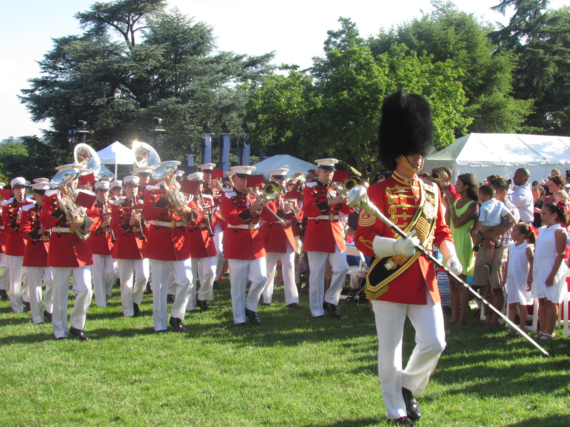 The U.S. Marine Corps Marching Band performs during the White House 4th of July Salute to the Military event in Washington D.C., July 4, 2013. Those in attendance were provided the opportunity to enjoy performances by several Marine Corps bands and a concert from the group Fun. (Courtesy photo)