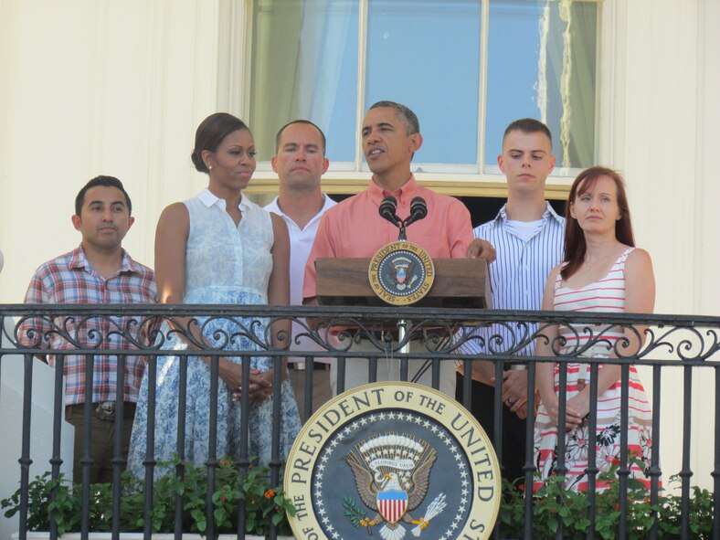 President Barack Obama speaks to a crowd during the White House 4th of July Salute to the Military event in Washington D.C., July 4, 2013. During his address, the president thanked all members of the U.S. Armed Forces for their service and wished them a happy Fourth of July. (Courtesy photo)