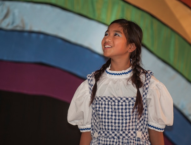 Alyza Ablang, daughter of Master Sgt. Maria Ablang, 628th Aerospace Medicine Squadron, and Tech. Sgt. Paolo Ablang, 628th AMDS, plays Dorothy in the stage production of “The Wizard of Oz” Aug. 2, 2013, produced by Missoula Children's Theatre and the Youth Programs Center at Joint Base Charleston- Weapons Station, S.C. The Missoula Children's Theatre International Tour has fostered development life skills in more than a million children. This year alone, the Missoula Children Theatre will work with 65,000 children in more than 1,200 communities in all 50 states and 17 countries. (U.S. Air Force photo/Senior Airman Ashlee Galloway)