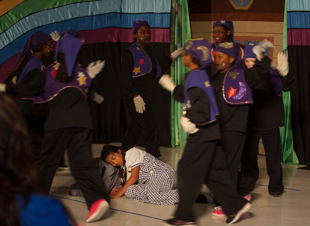 Children who played the 'Magicians', make a cyclone around Dorthy and Toto to send them back to Kansas while participating in the play “The Wizard of Oz” August 2, 2013 put on by Missoula Children's Theatre and the Youth Programs Center at Joint Base Charleston- Weapons Station, S.C. The Missoula Children's Theatre International Tour has fostered development life skills in more than a million children. This year alone, the Missoula Children Theatre will work with 65,000 children in more than 1,200 communities in all 50 states and 17 countries. (U.S. Air Force photo/Senior Airman Ashlee Galloway)
