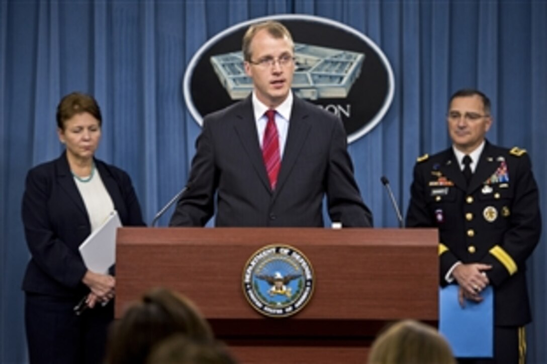 Pentagon Press Secretary George Little discusses new initiatives to prevent sexual assault during a briefing with reporters at the Pentagon, Aug. 15, 2013. Jessica L. Wright, acting undersecretary of defense for personnel and readiness, and Army Lt. Gen. Curtis M. Scaparrotti, director of the Joint Staff, participated in the event.