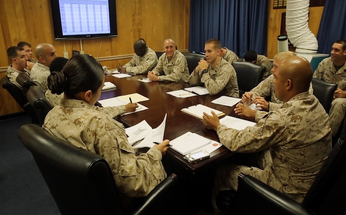 Marines and sailors with 2nd Supply Battalion, Combat Logistics Regiment 25, 2nd Marine Logistics Group conduct the battalion’s weekly command and staff meeting during the unit’s non-commissioned officer, or NCO, day aboard Camp Lejeune, N.C., Aug. 14, 2013. Marine NCOs and Navy petty officers took on the roles of the battalion’s officers and staff NCOs for the day. 