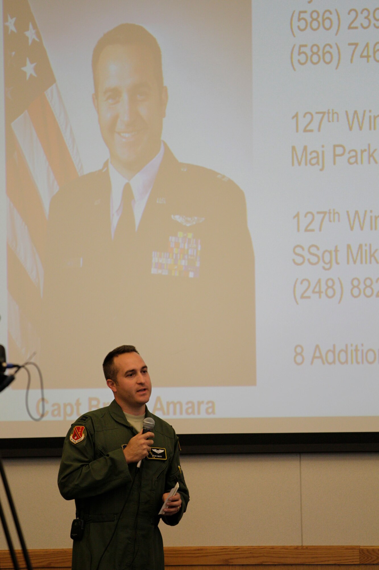 130817-Z-NJ721-021 -- 127th Wing Executive Officer Capt. Bryan Amara conducts Sexual Assault Prevention and Response (SAPR) training at Selfridge Air National Guard Base, Mich., on Saturday, August 17, 2013. The Air Force has made the elimination of sexual assault cases a number one priority. During the training, the 127th Wing commander, Col. Michael Thomas, stated that a "zero tolerance" policy for any sexual harassment or assault exists at Selfridge and within the Wing. (U.S. Air National Guard Photo by Tech Sgt. Robert Hanet/Released)