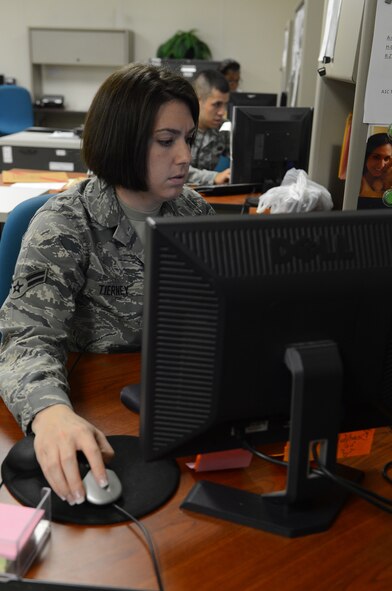 Airman 1st Class Kara Tierney, 2nd Force Support Squadron outbound assignments counselor , works at her computer on Barksdale Air Force Base, La., Aug. 19, 2013. Outbound assignments Airmen assist members of active duty military members and their families with out-processing by copying and filing the outbound Airman's paperwork. Once the paperwork is documented in their records, the information is then forwarded to the Air Force Personnel Center for processing. (U.S. Air Force photo/Senior Airman Micaiah Anthony)
