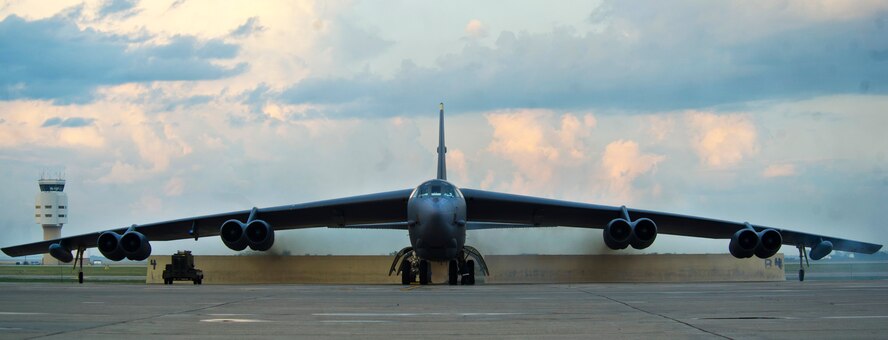 A B-52H Stratofortess prepares for takeoff during a minimum-interval takeoff at Minot Air Force Base, N.D., Aug. 15, 2013. In a conventional conflict, the B-52 can perform strategic attack, close-air support, air interdiction, offensive counter-air and maritime operations. (U.S. Air Force photo/Senior Airman Brittany Y. Auld)