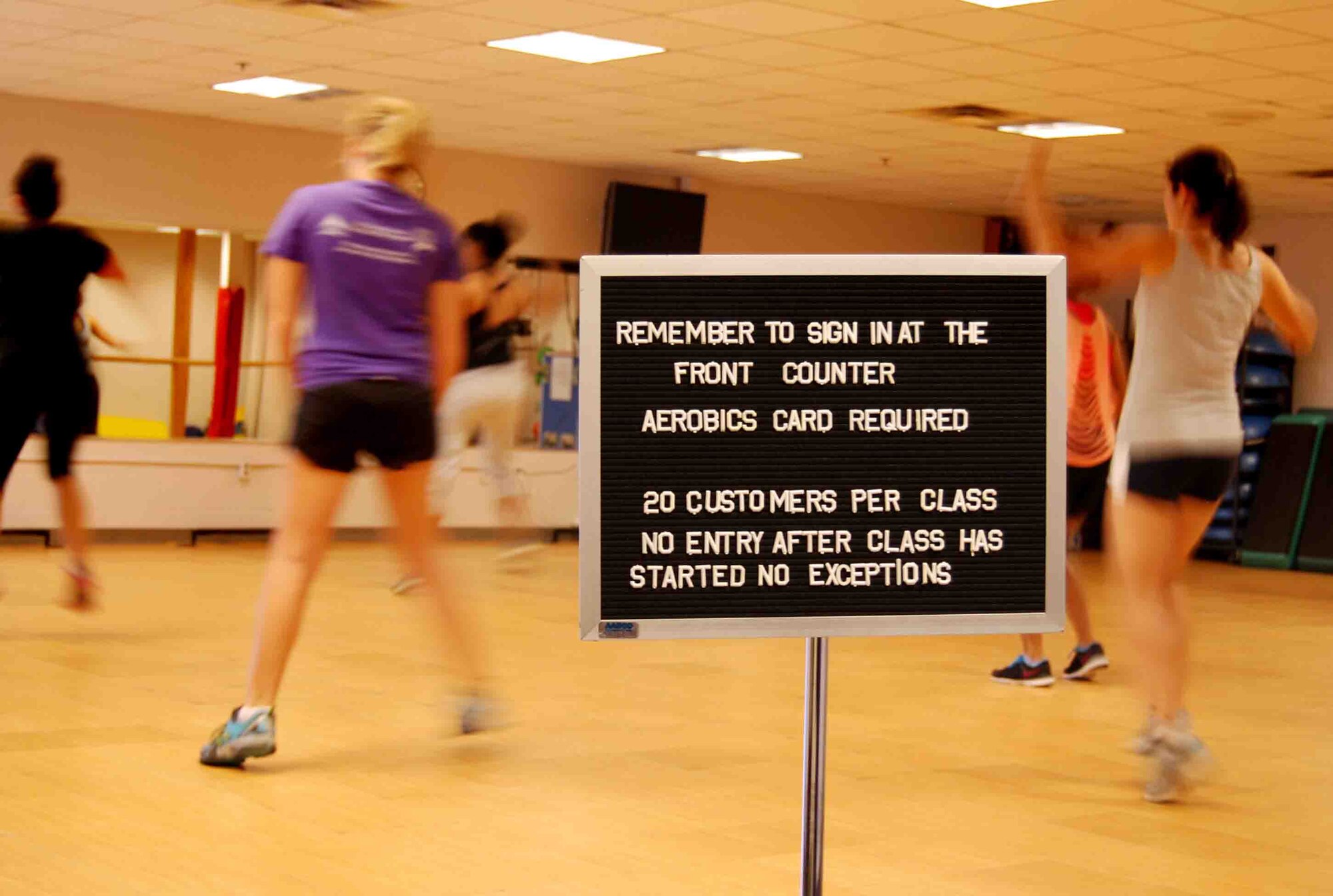 PETERSON AIR FORCE BASE, Colo. –The Fitness Center offers many exciting and energetic aerobics classes to fit all abilities and with flexible schedules to make attending easy. Classes range from Zumba to yoga and offer participants with the opportunity to challenge themselves and to improve their overall health and well-being. (U.S. Air Force photo/Michael Golembesky)