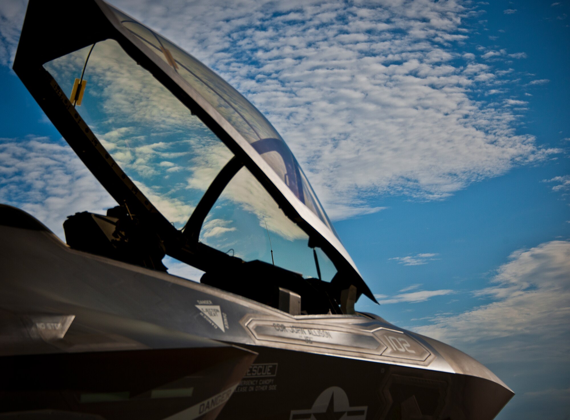 A Navy F-35C Lightning II awaits a pilot the morning of Aug. 14 at Eglin Air Force Base, Fla.  To date, the Air Force, Marine Corps and the Navy have flown more than 2,000 sorties here.  (U.S. Air Force photo/Samuel King Jr.)
