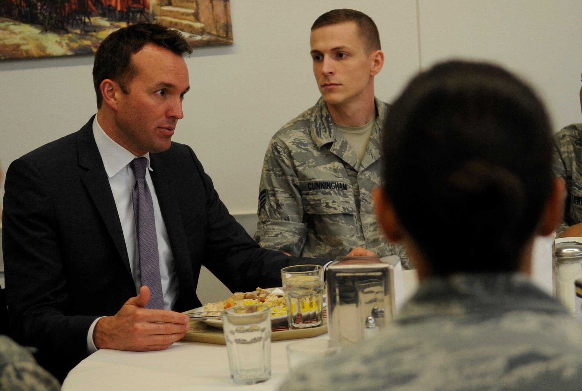 Acting Secretary of the Air Force Eric Fanning answers questions from Airmen during a lunch at Whiteman Air Force Base, Mo., Aug. 15, 2013. Fanning spoke with more than 300 Airmen during an all-call, toured a B-2 Spirit and flew the B-2 and A-10 Thunderbolt simulators during his visit. (U.S. Air Force photo by Staff Sgt. Alexandra M. Boutte/Released)
