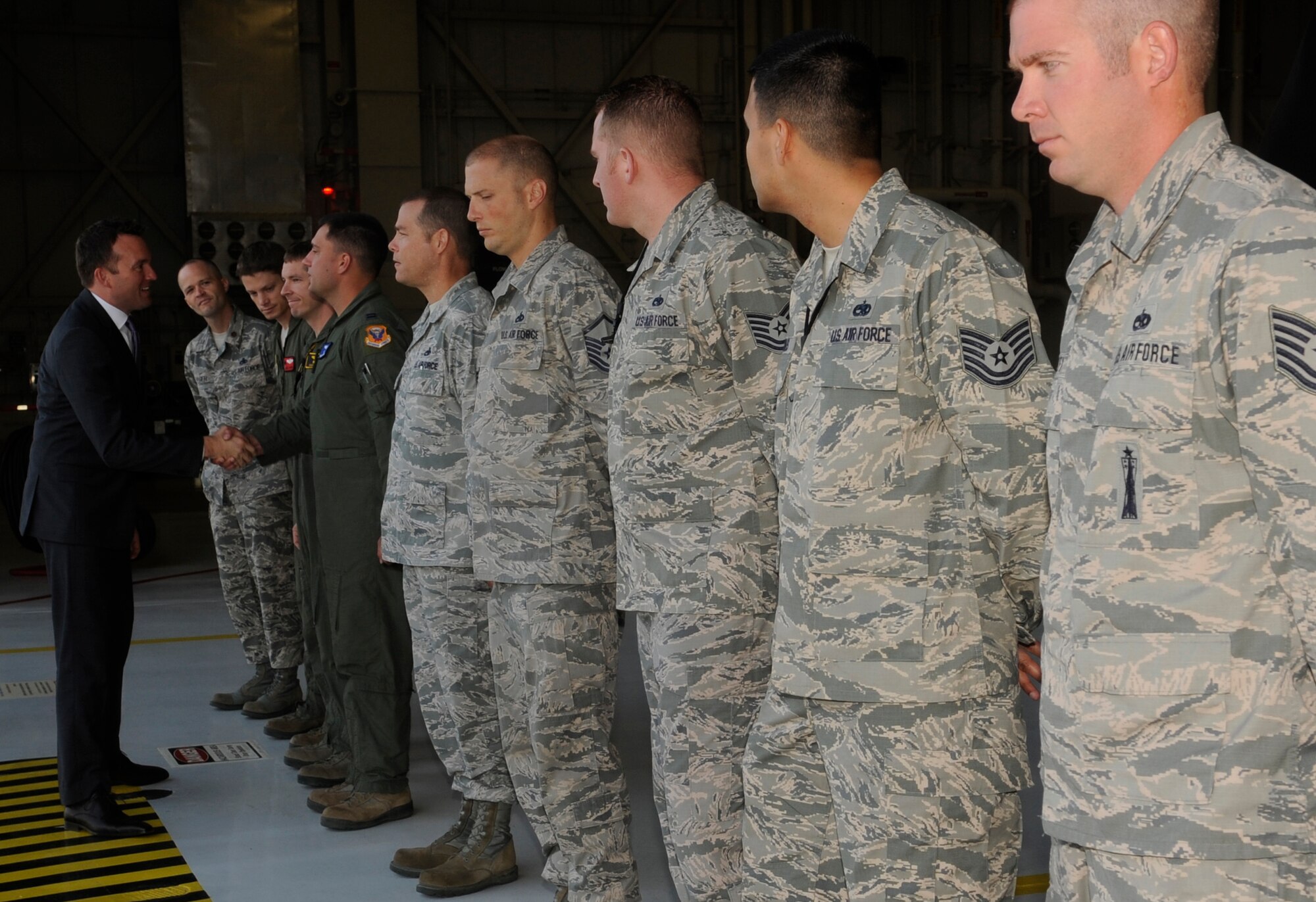 Acting Secretary of the Air Force Eric Fanning greets B-2 Spirit pilots, maintainers and crew chiefs at Whiteman Air Force Base, Mo., Aug. 15, 2013. During his visit, Fanning talked about important Air Force topics such as budget, sequestration and sexual assault. (U.S. Air Force photo by Staff Sgt. Alexandra M. Boutte/Released)