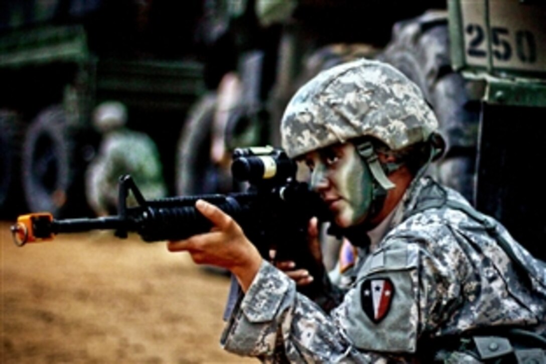 Army Spc. Nancy Reid scans the area for threats while providing security for a convoy during a field training exercise on Fort Pickett, Va., Aug 17, 2013. Reid is assigned to the New Jersey Army National Guard's 250th Brigade Support Battalion, 50th Infantry Brigade Combat Team.