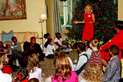 Dr. Jill Biden, wife of Vice President Joe Biden, talks about supporting troops during the holidays to children at a holiday event at her home at the Naval Observatory in Washington, D.C., Dec. 1, 2010.