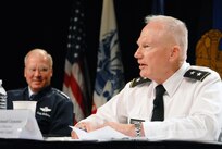 Army Maj. Gen. Raymond Carpenter, the acting director of the Army National Guard, right, and Air Force Gen. Craig R. McKinley, the chief of the National Guard Bureau, along with other Guard leaders answered questions from the audience during a panel discussion at the 2010 National Guard Volunteer Workshop in New Orleans Aug. 2, 2010. Over 1,000 Guard volunteers from the 54 states and territories are at the conference.
