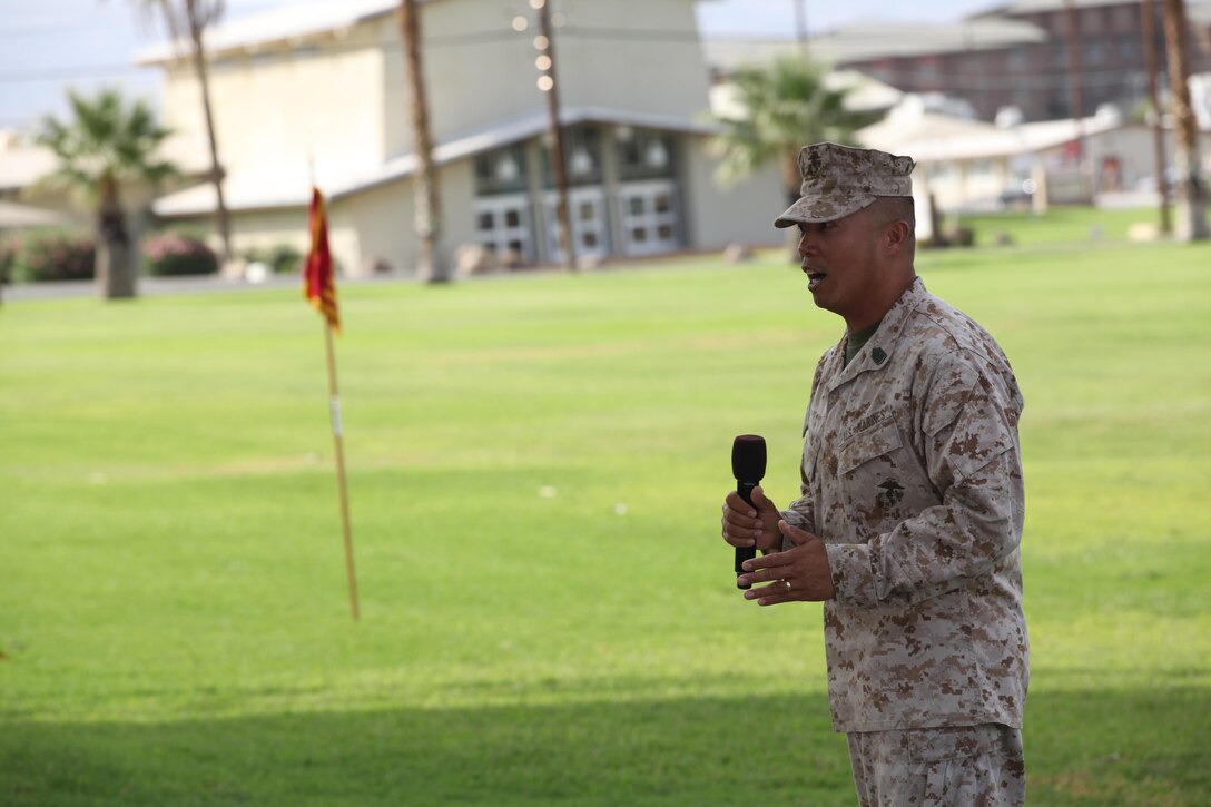 Sgt. Maj. Micheal P. Barrett, the 17th Sergeant Major of the Marine Corps, attends the Marine Air Ground Task Force Training Command, Marine Corps Air Ground Combat Center Twentynine Palms relief, appointment and retirement ceremony for Sgt. Maj. Matthew B. Brookshire on Aug. 19, 2013 at Twentynine Palms, Calif. The incoming sergeant major is Sgt. Maj. Karl Villalino. (U.S. Marine Corps photo by Sgt. Marionne T. Mangrum)