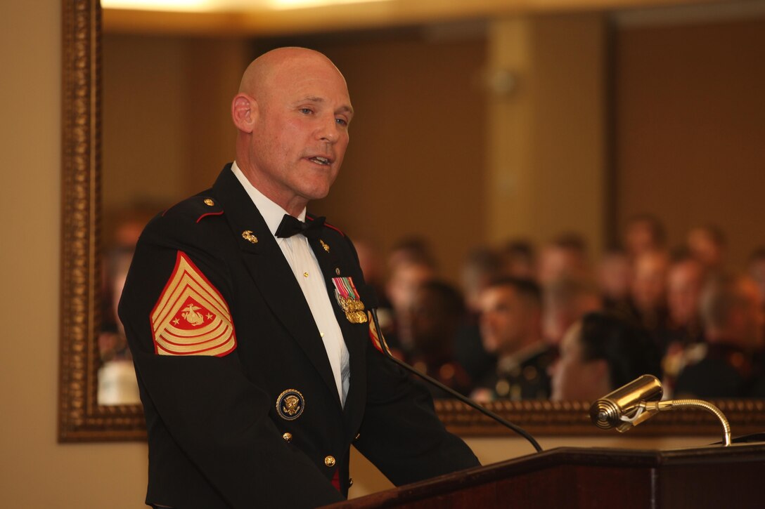 Sgt. Maj. Micheal P. Barrett, the 17th Sergeant Major of the Marine Corps, attends a mess night for Marine Barracks Washington Company B at the Washington Navy Yard, in Washington, D.C., on Aug. 14, 2013. (U.S. Marine Corps photo by Sgt. Marionne T. Mangrum)