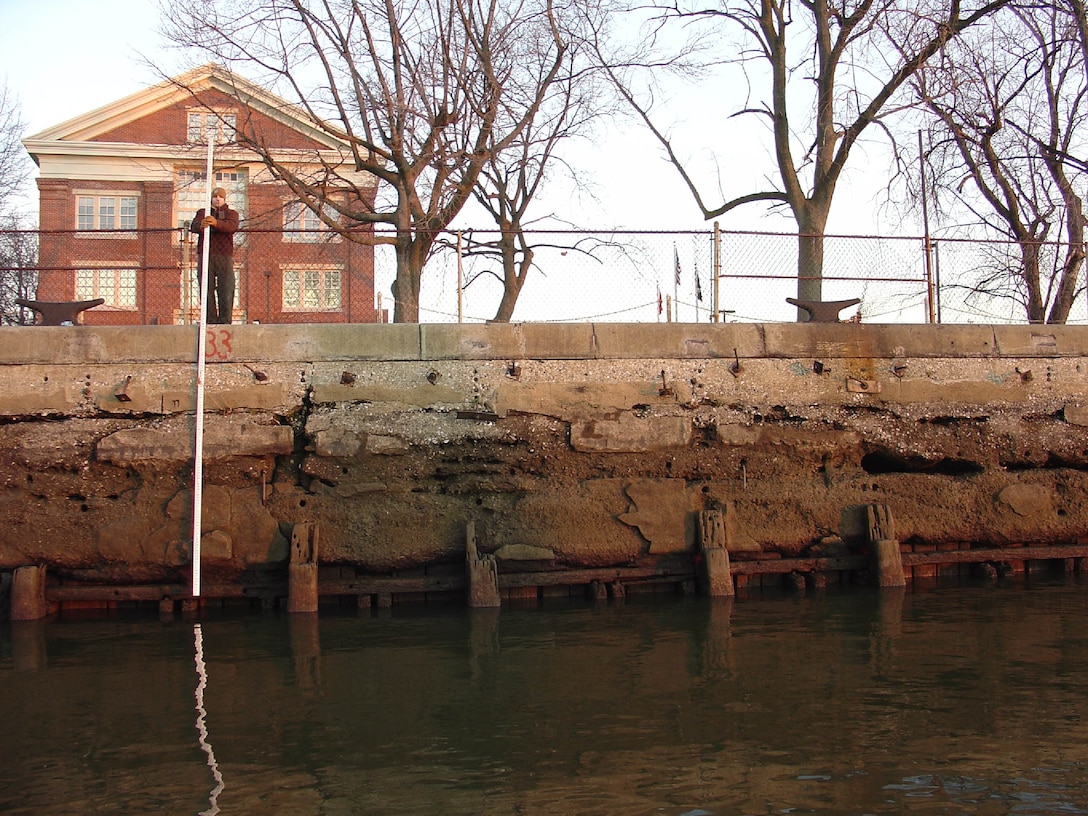 The Philadelphia Shipyard sea wall extends 6,700 feet along the Delaware River.  Portions of the wall and its supporting pilings were more than 100 years old.