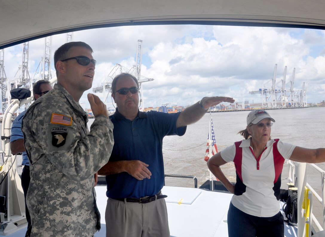 Burt Moore, chief of navigation for the U.S. Army Corps of Engineers Savannah District, talks with Col. Thomas J. Tickner, commander of the Corps' Savannah District, during a survey vessel tour of the Savannah harbor Aug. 19. Right is Peggy O'Bryan, chief of the Operations Division. The Savannah District is responsible for operating and maintaining the Savannah shipping channel and is the lead federal agency for the Savannah Harbor Expansion Project.