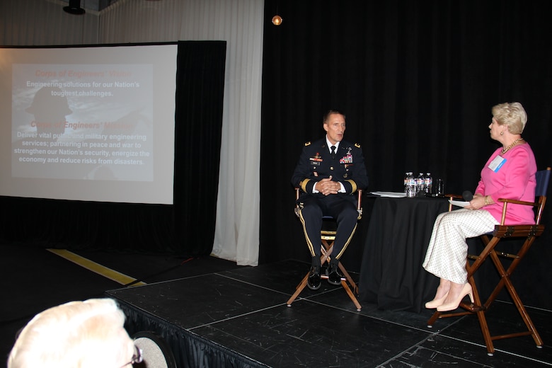 SWD Commander, Brig. Gen. Tom Kula addressed members of the North Texas Commission at a luncheon Aug. 15, to discuss the Corps mission and emphasized the importance of supporting veterans and wounded warriors. Kula provided the crowd of business owners, community members, entrepreneurs, veterans and military members with a short briefing about SWD, its mission and priorities followed by a sit down Q&A session hosted by former Dallas County Commissioner, Maurine Dickey. Dickey asked Kula questions about the Corps role in the drought, the importance of hiring veterans and the significance in promoting science, technology, engineering and math skills in middle school through college age students. The North Texas Commission is a not-for-profit organization that brings together businesses, government entities and higher education institutions to enhance the economic vitality of North Texas 