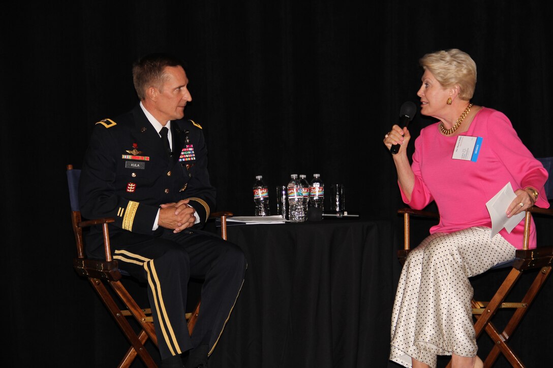 SWD Commander, Brig. Gen. Tom Kula addressed members of the North Texas Commission at a luncheon Aug. 15, to discuss the Corps mission and emphasized the importance of supporting veterans and wounded warriors. Kula provided the crowd of business owners, community members, entrepreneurs, veterans and military members with a short briefing about SWD, its mission and priorities followed by a sit down Q&A session hosted by former Dallas County Commissioner, Maurine Dickey. Dickey asked Kula questions about the Corps role in the drought, the importance of hiring veterans and the significance in promoting science, technology, engineering and math skills in middle school through college age students. The North Texas Commission is a not-for-profit organization that brings together businesses, government entities and higher education institutions to enhance the economic vitality of North Texas 