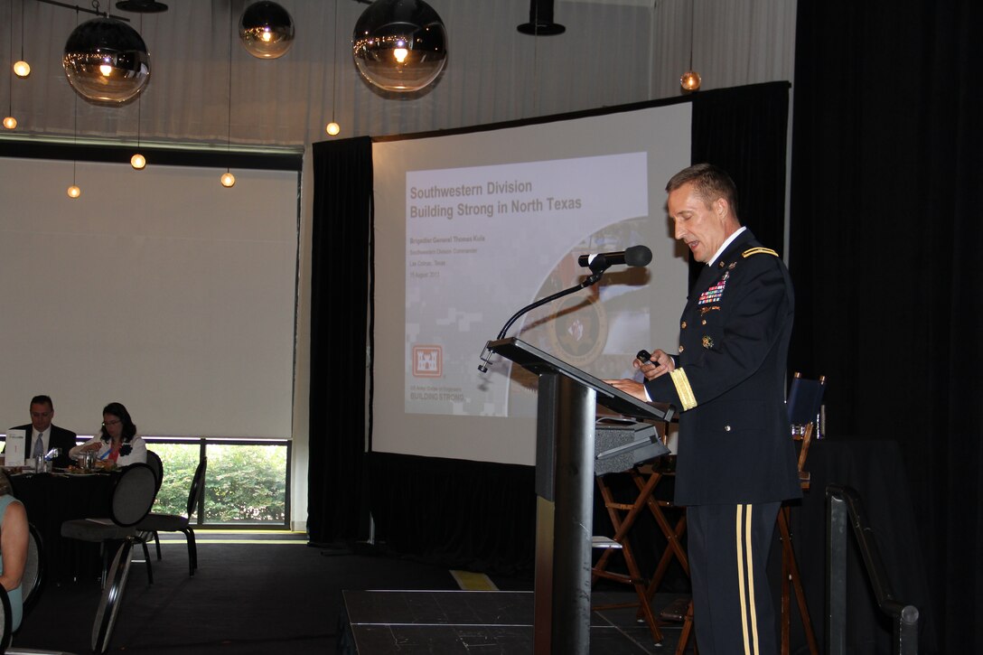 SWD Commander, Brig. Gen. Tom Kula addressed members of the North Texas Commission at a luncheon Aug. 15, to discuss the Corps mission and emphasized the importance of supporting veterans and wounded warriors. Kula provided the crowd of business owners, community members, entrepreneurs, veterans and military members with a short briefing about SWD, its mission and priorities followed by a sit down Q&A session hosted by former Dallas County Commissioner, Maurine Dickey. Dickey asked Kula questions about the Corps role in the drought, the importance of hiring veterans and the significance in promoting science, technology, engineering and math skills in middle school through college age students. The North Texas Commission is a not-for-profit organization that brings together businesses, government entities and higher education institutions to enhance the economic vitality of North Texas 