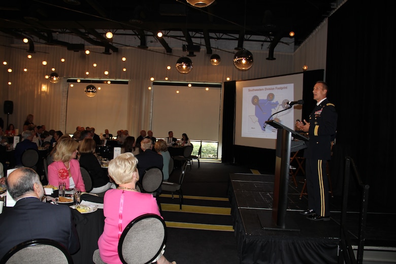 SWD Commander, Brig. Gen. Tom Kula addressed members of the North Texas Commission at a luncheon Aug. 15, to discuss the Corps mission and emphasized the importance of supporting veterans and wounded warriors. Kula provided the crowd of business owners, community members, entrepreneurs, veterans and military members with a short briefing about SWD, its mission and priorities followed by a sit down Q&A session hosted by former Dallas County Commissioner, Maurine Dickey. Dickey asked Kula questions about the Corps role in the drought, the importance of hiring veterans and the significance in promoting science, technology, engineering and math skills in middle school through college age students. The North Texas Commission is a not-for-profit organization that brings together businesses, government entities and higher education institutions to enhance the economic vitality of North Texas 