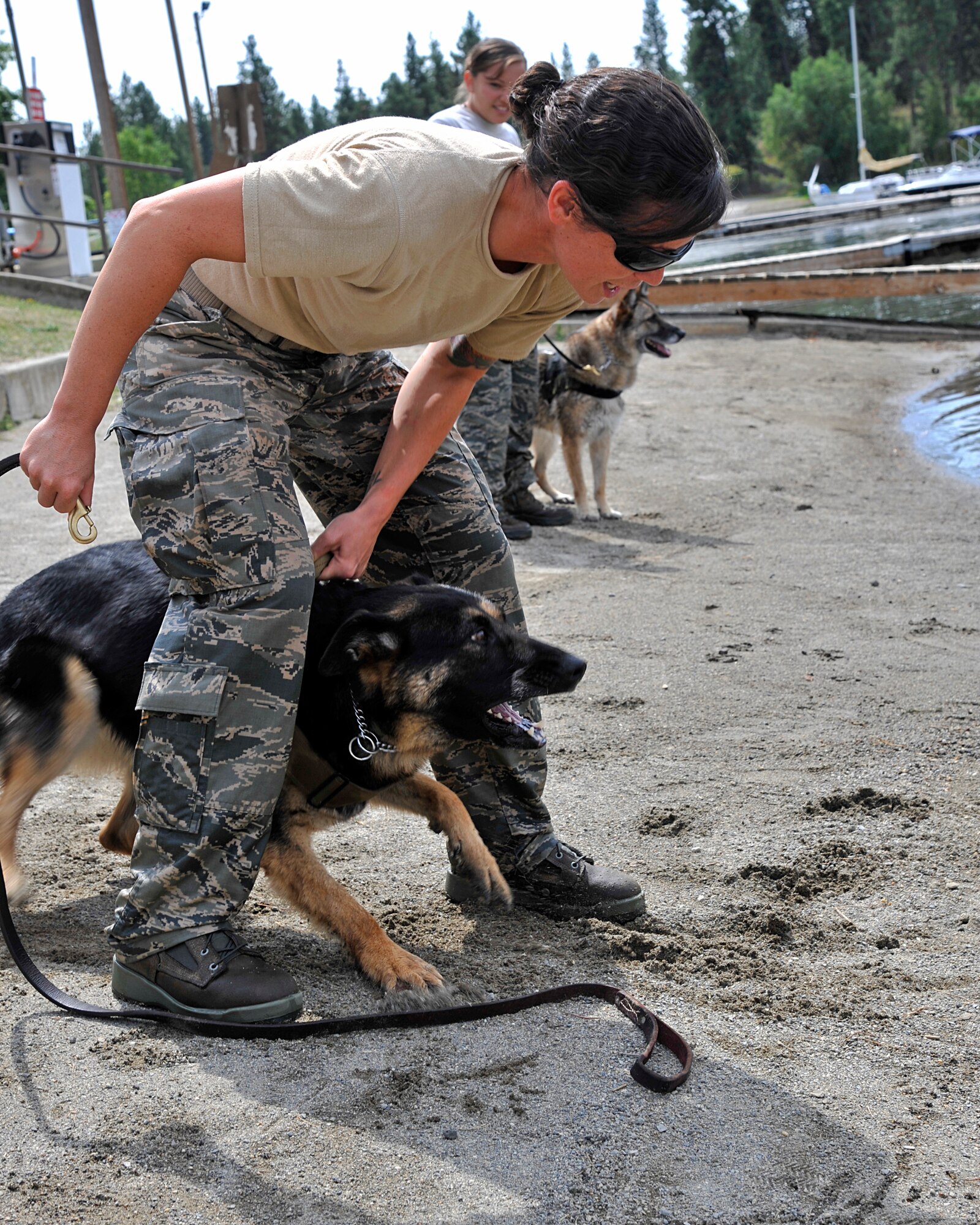 Staff Sgt. Melissa Schmalhorst, 92nd Security Forces Squadron military working dog handler, prepares to release her dog, Bety, at Clear Lake Resort in Cheney, Wash., Aug. 16, 2013. Schmalhorst and her fellow MWD handlers took the dogs to the lake to ensure the dogs are properly trained and prepared for most environments. (U.S. Air Force photo by Senior Airman Mary O'Dell/Released)