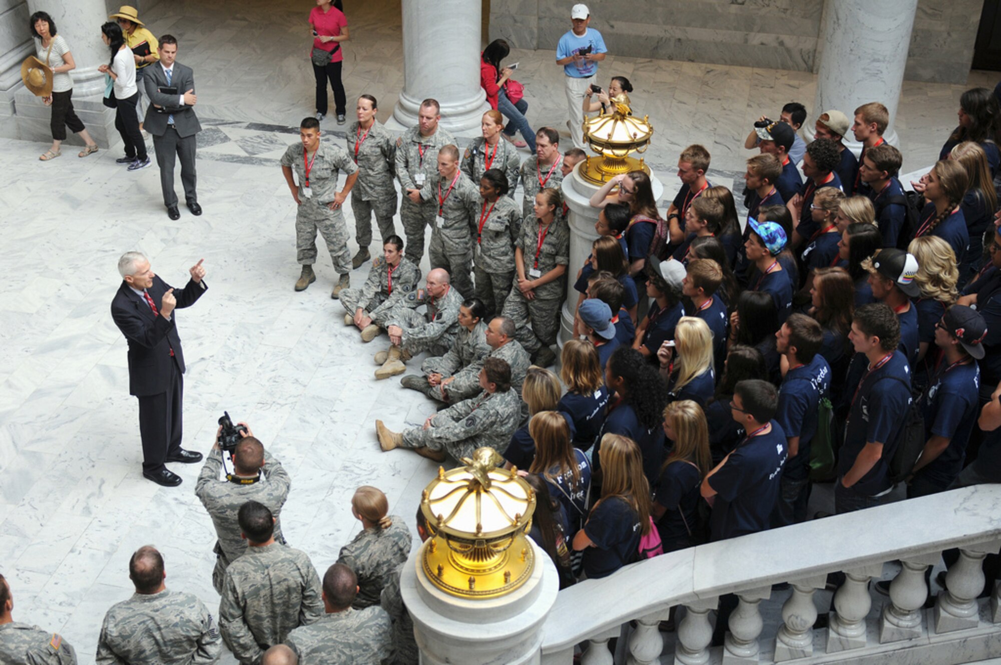 Utah's lieutenant governor, Greg Bell, addresses Freedom Academy delegates in the Utah State Capitol rotunda, July 30. Freedom Academy is an annual leadership conference sponsored and hosted by the Utah National Guard since 1961 that brings in student body leaders from high schools across Utah and neighboring states to teach them about all aspects of leadership. (U.S. Army National Guard photo by Sgt. Scott Wolfe, 128th Mobile Public Affairs Detachment)