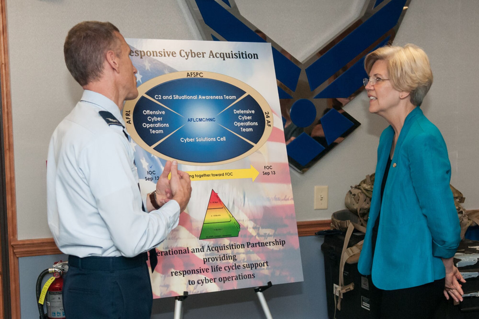 HANSCOM AIR FORCE BASE, Mass. -- U.S. Senator Elizabeth Warren discusses responsive cyber acquisition with Col. Bill Polakowski, Cyber Integration Division deputy, during her first full visit here Aug. 20. The senator learned about the important work being done by the division, along with receiving an Air Force Life Cycle Management Center mission overview and technology demonstrations. (U.S. Air Force photo by Rick Berry)