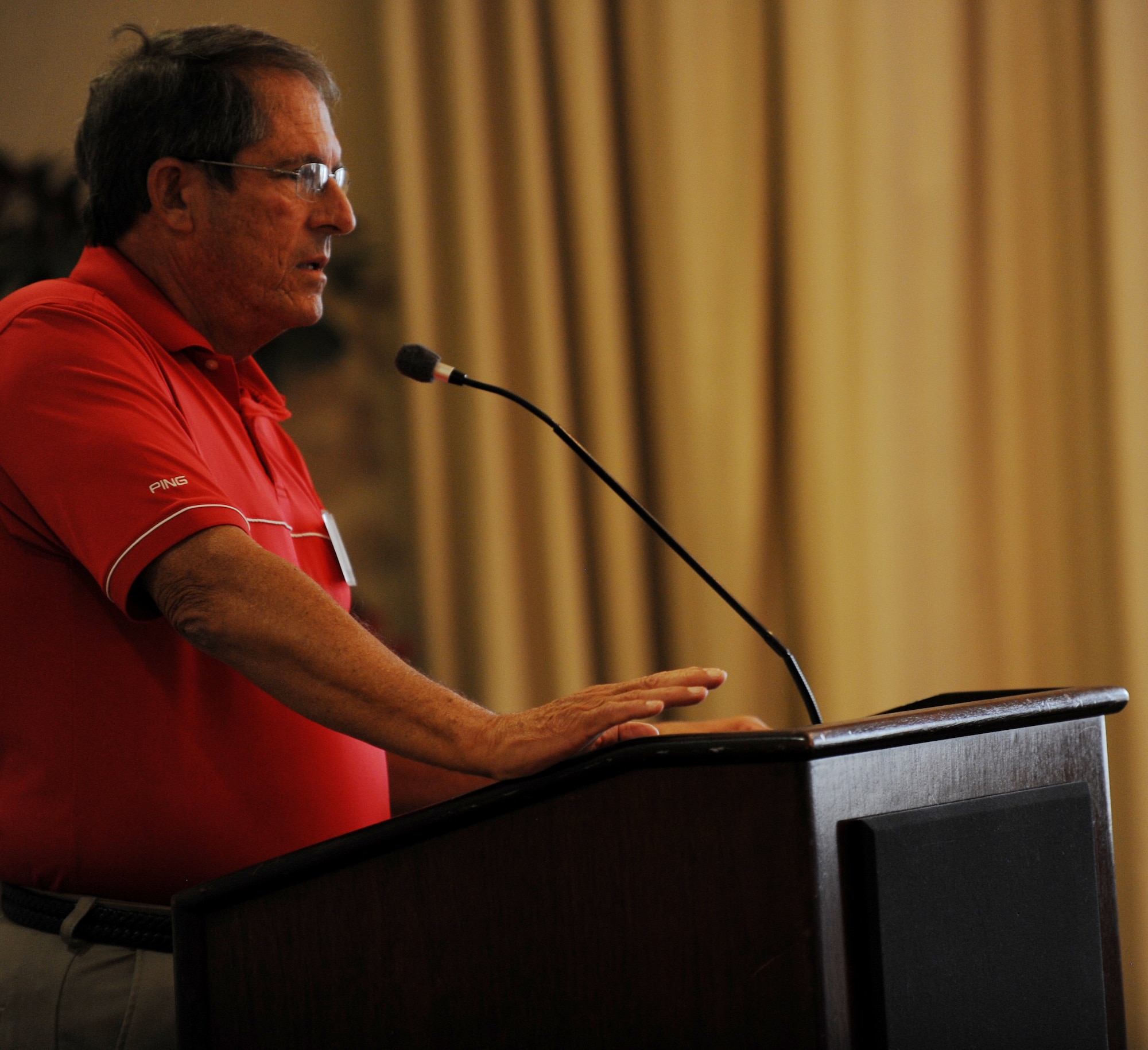 Retired U.S. Air Force Col. Bob Corson, former 1st Operations Group commander and veteran of Operations Desert Shield and Desert Storm, shares war stories with members of the 1st Fighter Wing Association during a reunion at Langley Air Force Base, Va., Aug. 16, 2013. The 1st FWA consists of past and present Service members who have been a part of the 1st Fighter Wing. (U.S. Air Force photo by Staff Sgt. Jarad A. Denton/Released)