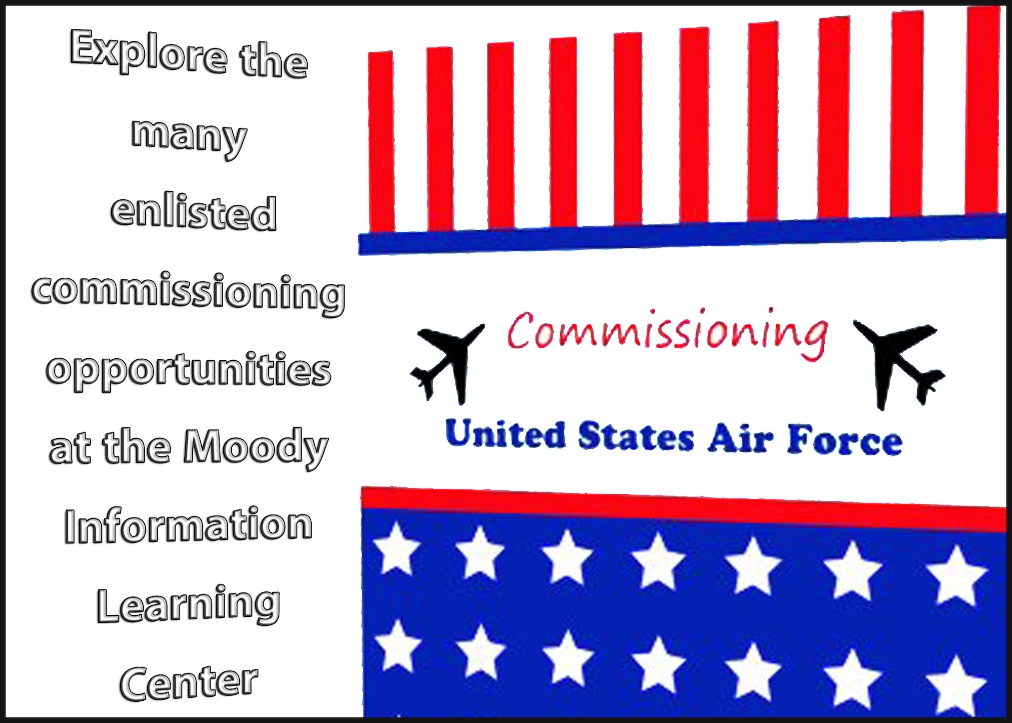 Every month, the Information Learning Center holds individual briefings for enlisted commissioning programs at Moody Air Force Base, Ga. Company grade officers will now attend the briefings to answer Airmen’s questions. (U.S. Air Force illustration by Senior Airman Eileen Meier/Released)