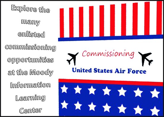 Every month, the Information Learning Center holds individual briefings for enlisted commissioning programs at Moody Air Force Base, Ga. Company grade officers will now attend the briefings to answer Airmen’s questions. (U.S. Air Force illustration by Senior Airman Eileen Meier/Released)