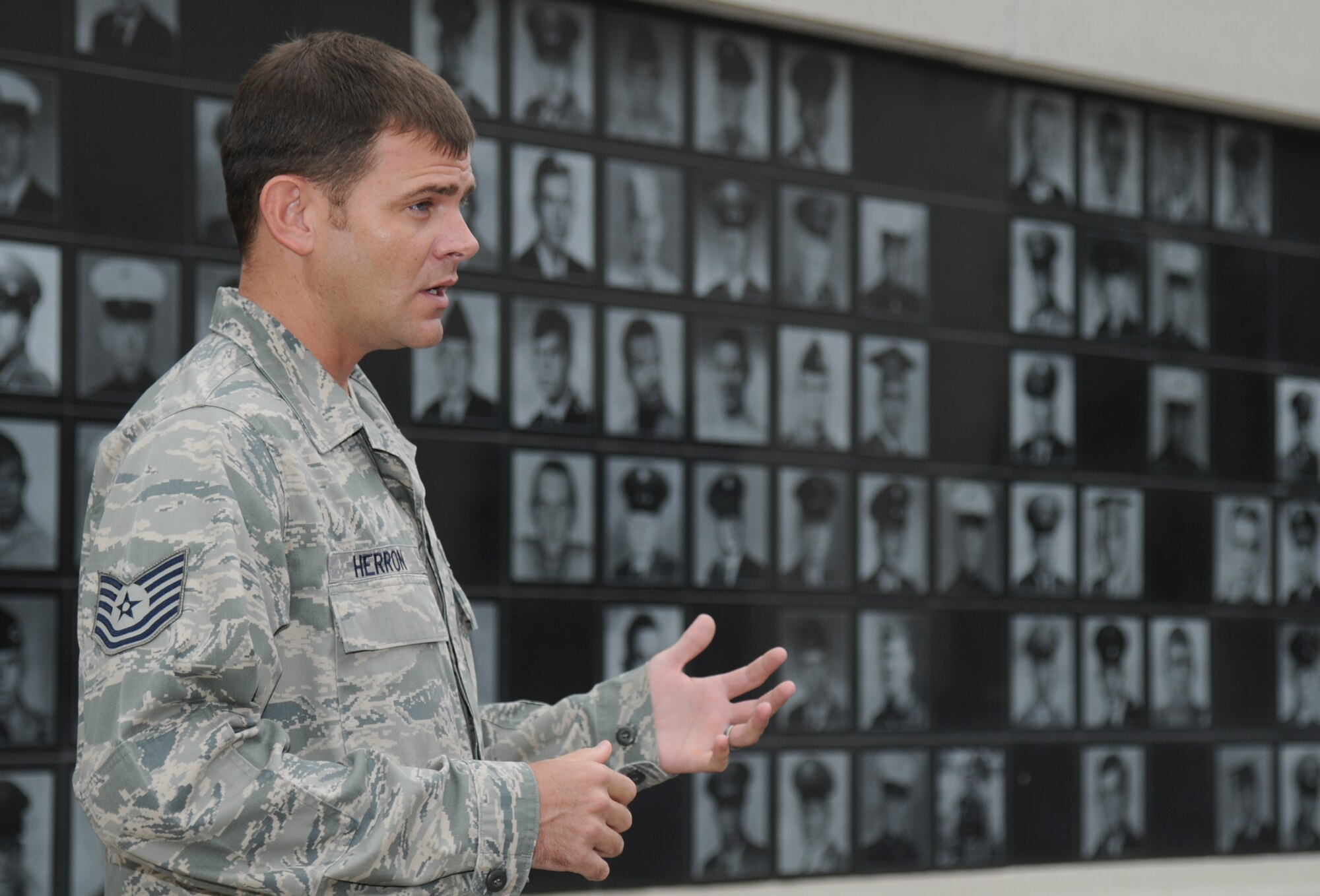 Tech. Sgt. Clayton Herron, 338th Training Squadron instructor supervisor, talks to St. Martin High School senior football players about the importance of a positive attitude in all situations during a leadership seminar Aug. 17, 2013, at the Mississippi Vietnam Veterans Memorial in Ocean Springs, Miss. The seminar was a collaboration of the St. Martin Gridiron Club and Keesler personnel, who also briefed the seniors on good attitudes, values, beliefs and teamwork.  (Courtesy photo by Kemberly Groue)