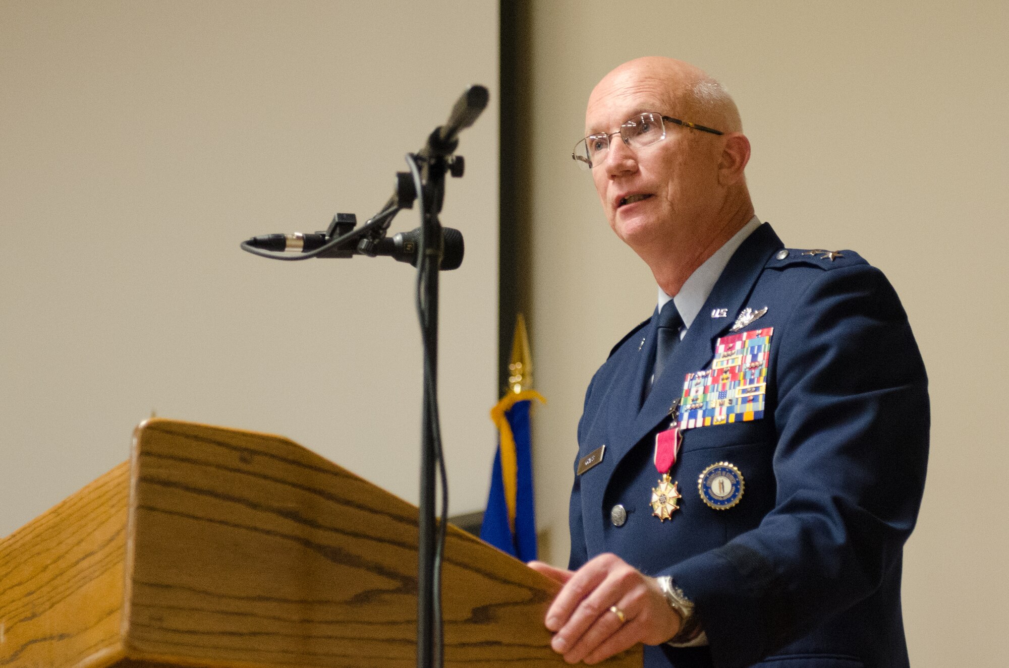 Maj. Gen. Mark Kraus, a Kentucky Air National Guardsman who serves as Air National Guard assistant to the commander of U.S. Air Forces Central, thanks his mentors for their support during a ceremony held at the Kentucky Air National Guard Base in Louisville, Ky., on  Aug. 18, 2013. Kraus had just been promoted to the rank of two-star general officer. (U.S. Air National Guard photo by Airman Joshua Horton)