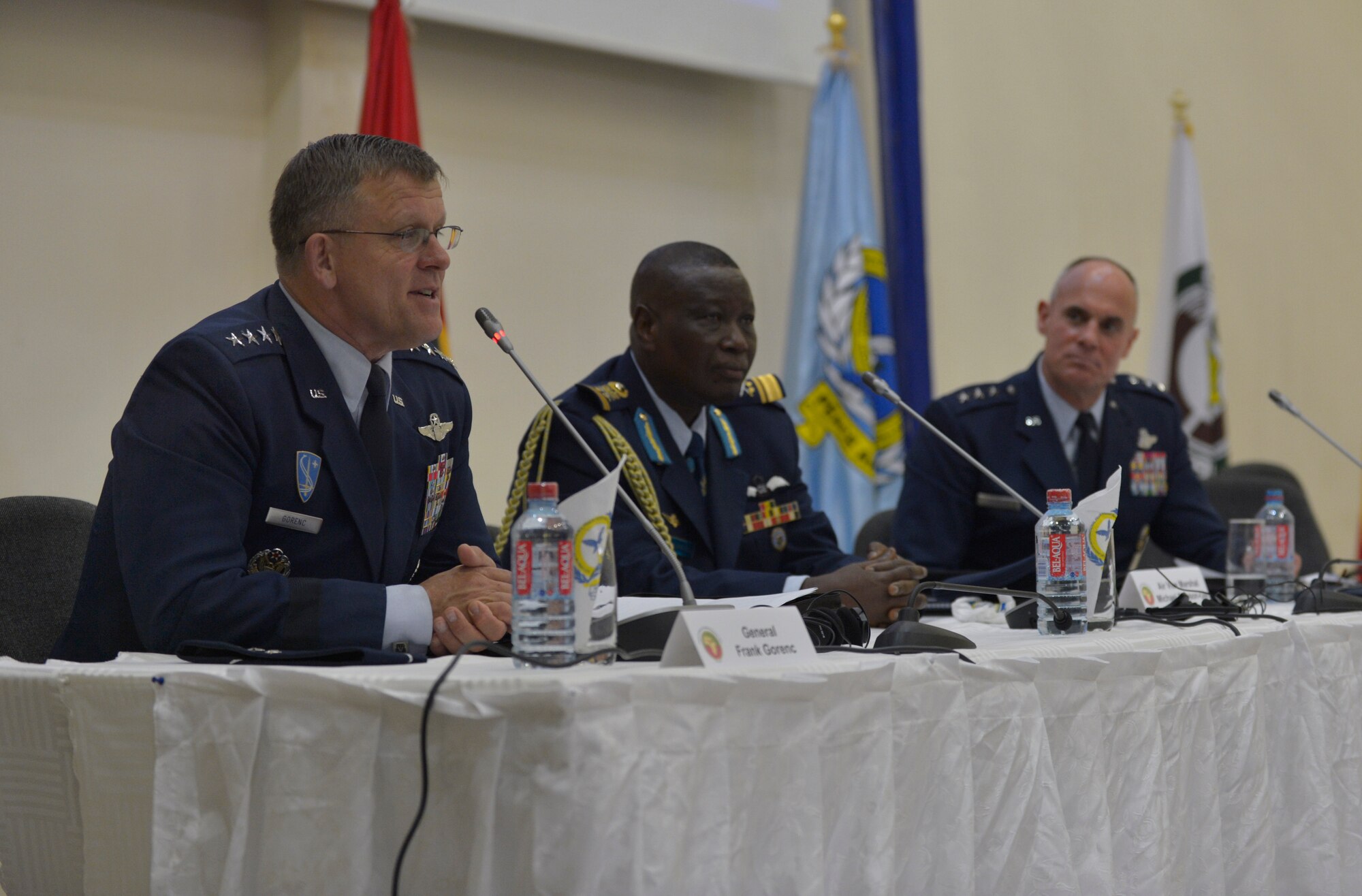 From left to right, Gen. Frank Gorenc, U.S. Air Forces in Europe and Air Forces Africa commander, Air Vice Marshal Michael Samson-Oje, Ghanaian chief of air staff, and Lt. Gen. Craig A. Franklin, 3rd Air Force commander, discuss the importance of regional cooperation with members of the local press in Africa, Aug. 20, 2013, Accra, Ghana. The Regional African Air Chiefs Symposium brings air chiefs together to discuss how their unique air capabilities can be collaborated to resolve regional issues. (U.S. Air Force photo by Airman 1st Class Jordan Castelan/Released)
